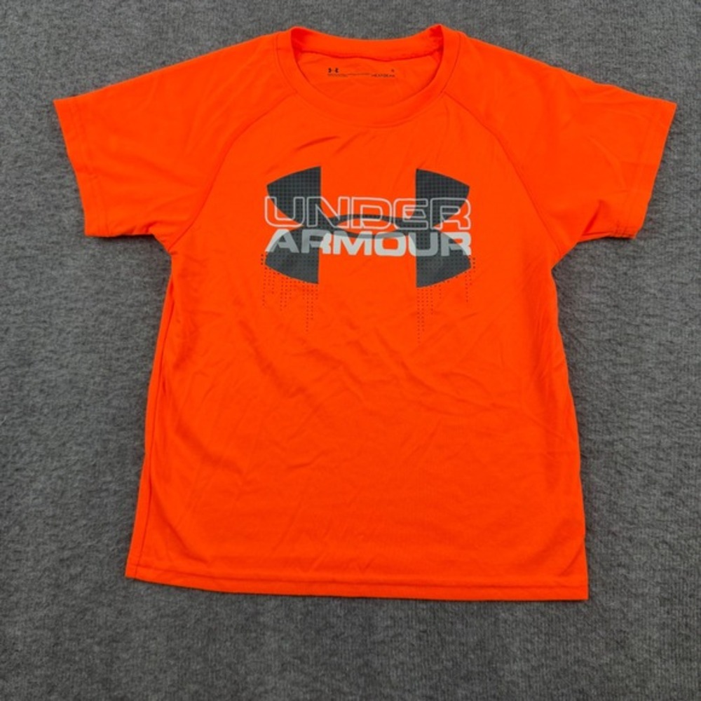 Under Armour T-Shirt Boys Size 5 Orange HeatGear Graphic Logo‎ Short Sleeve